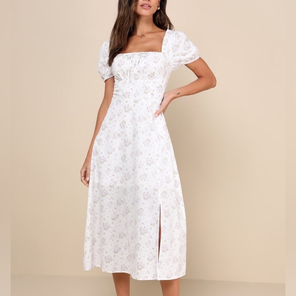 Lulu's White Floral Puff Sleeve Midi Dress